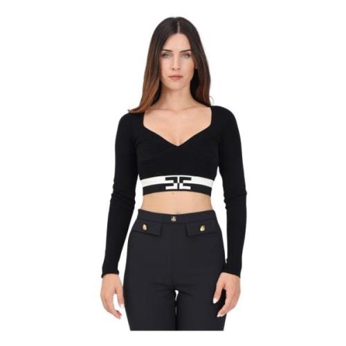 Zwarte V-hals Cropped Top met Lange Mouwen Elisabetta Franchi , Black ...