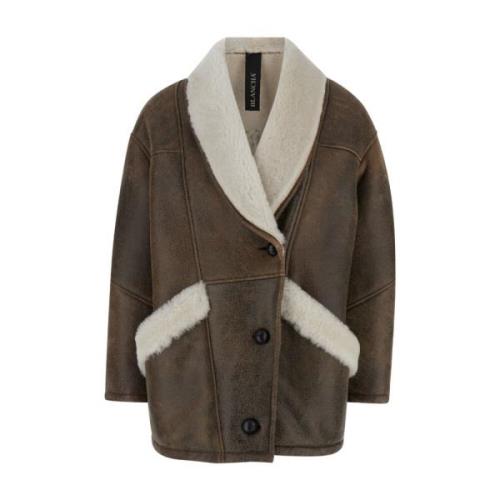 Shearling Trim Leren Jas Bruin Blancha , Brown , Dames