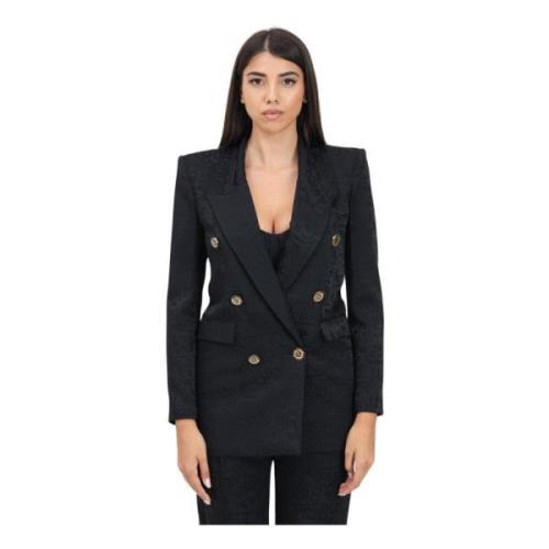 Zwarte double-breasted crêpe jacquard jas Elisabetta Franchi , Black ,...