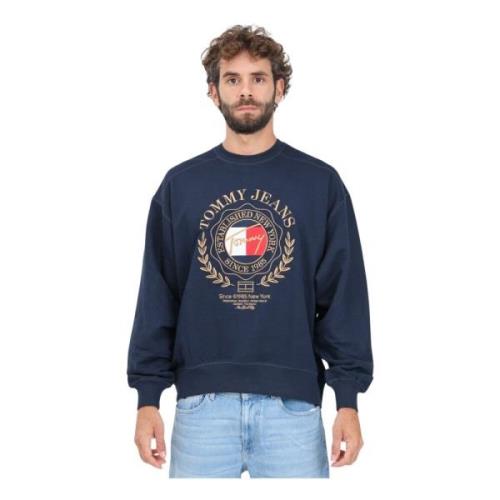 Blauwe Crewneck Sweater met Logo Borduurwerk Tommy Jeans , Blue , Here...