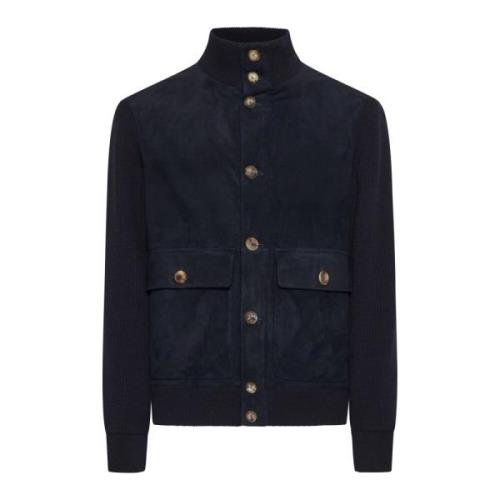 Navy Blauw Suède Bomberjack Brunello Cucinelli , Blue , Heren