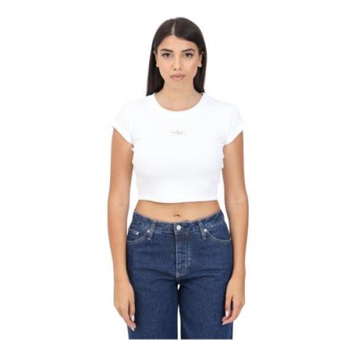 Wit Geribbeld Katoenen T-shirt Logo Patch Calvin Klein Jeans , White ,...