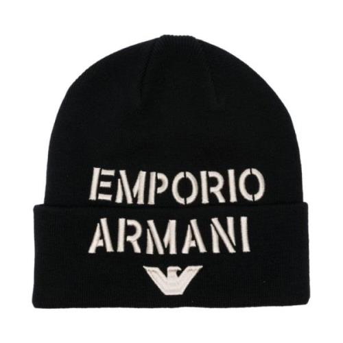 Blauwe Ribgebreide Beanie met Logo Borduursel Emporio Armani , Blue , ...