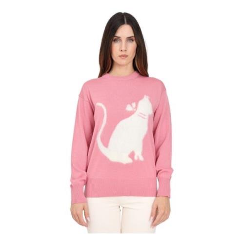 Roze Kat Geborduurde Crew-Neck Sweater Max Mara , Pink , Dames