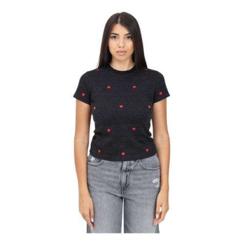 Zwart Hart Geborduurd T-shirt Moschino , Black , Dames