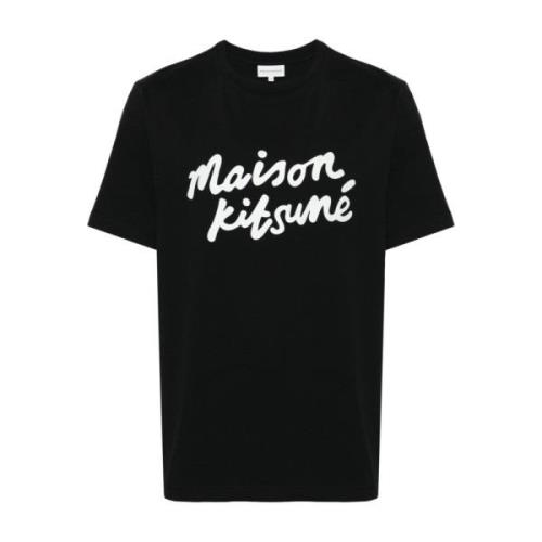 Logo Print Zwarte T-shirt Maison Kitsuné , Black , Heren