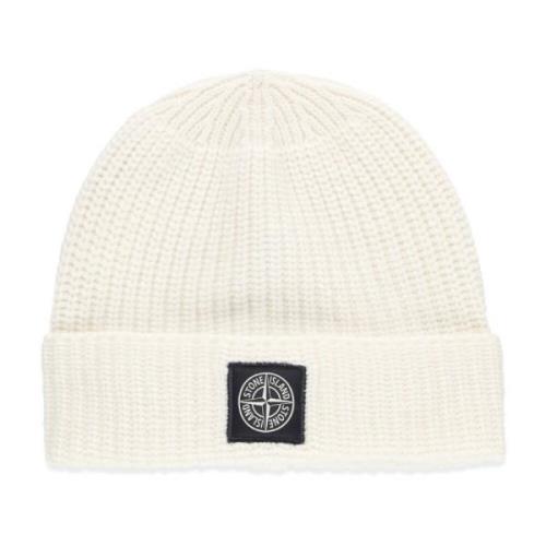 Contrasterende Logo Patch Beanie Hoed Stone Island , White , Heren