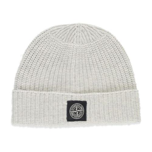 Grijze Wol Beanie Hoed met Logo Stone Island , Gray , Heren