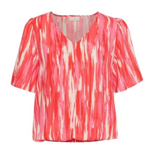 Abstract Print Blouse Korte Mouwen V-Hals Kaffe , Multicolor , Dames