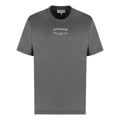 Contrasterend Bedrukt Katoenen T-shirt Ganni , Gray , Dames