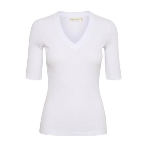 Klassieke Geribbelde V-Hals T-Shirt InWear , White , Dames