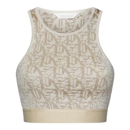 Beige Gebreide Crop Top met Monogram Palm Angels , Beige , Dames