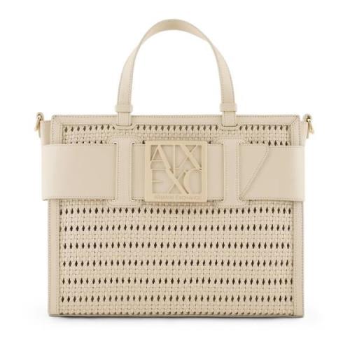 Beige Stro Tote Tas met Logo Armani Exchange , Beige , Dames