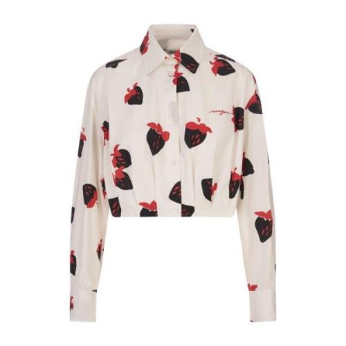 Aardbeienprint Wit Katoenen Crop Shirt Msgm , White , Dames