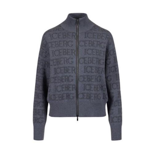 Logo Jacquard Wool Blend Jacket Iceberg , Gray , Dames