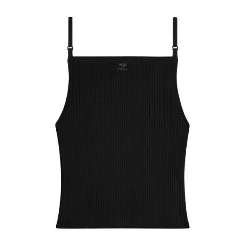 Zwarte Geribbelde Top met Logo Courrèges , Black , Dames