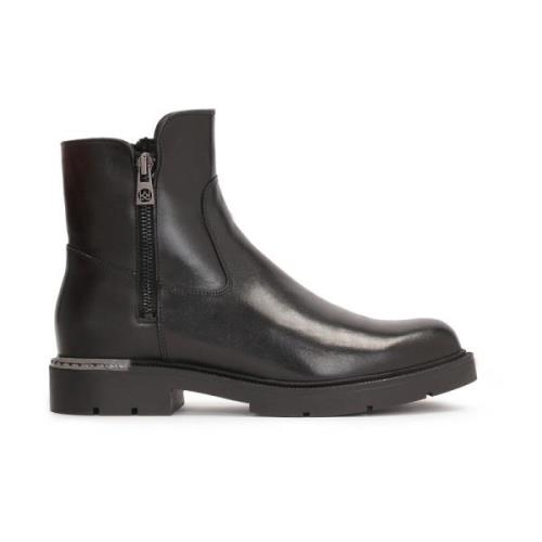 Zwarte Leren Booties met Dubbele Ritsen Kazar , Black , Dames