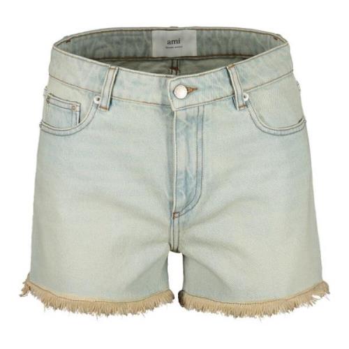 Denim Shorts Contraststiksels Raffels Ami Paris , Blue , Dames