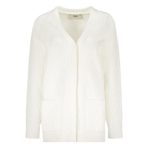 Gebreide Jacquard Cardigan met Ribboorden Fendi , White , Dames