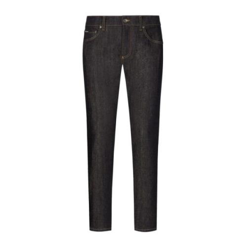 Stretch Slim Jeans Logo Patch Dolce & Gabbana , Blue , Heren