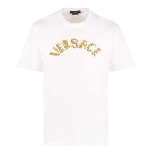 Barok Logo Geborduurd Katoenen T-Shirt Versace , White , Heren