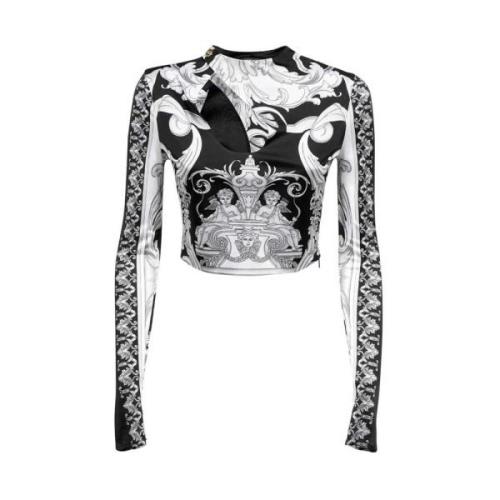 Gedrukte crop top met lange mouwen Versace , Black , Dames