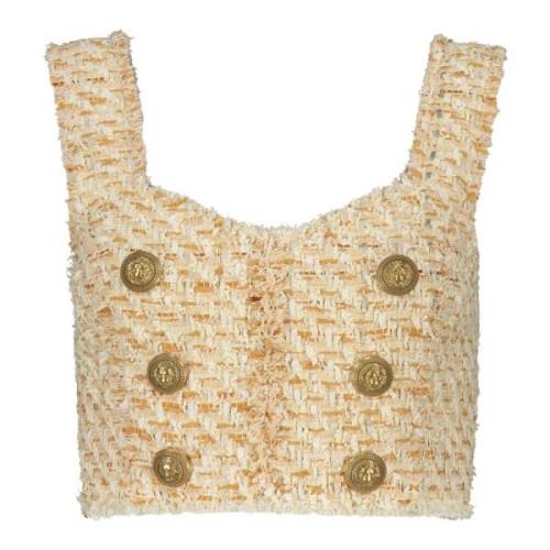 Versierde Bouclé Knopen Top Balmain , Beige , Dames