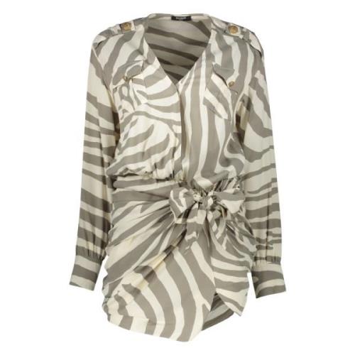 Zebra Motief Bedrukte Jurk met Zakken Balmain , Beige , Dames