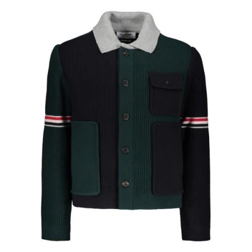 Wollen Cardigan met Tricolor Details Thom Browne , Green , Heren