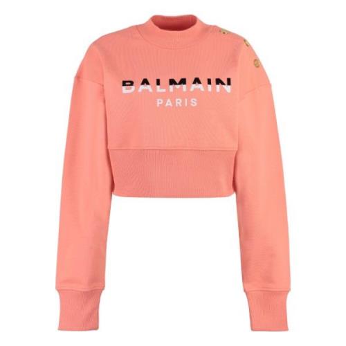 Velvet Crew-Neck Sweatshirt met Versierde Knopen Balmain , Red , Dames