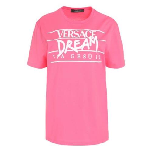 Katoenen T-shirt met Frontprint Versace , Pink , Dames