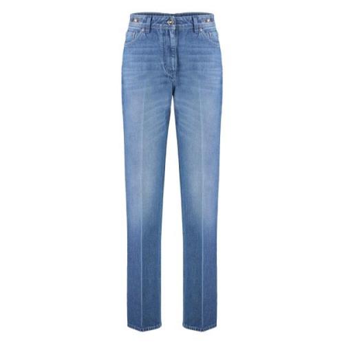 Boyfriend Jeans met Leren Logo Versace , Blue , Dames