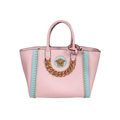 Leren Tote met Emaille Logo Versace , Pink , Dames