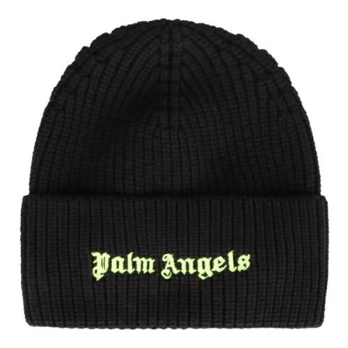 Gebreide wollen muts met logo Palm Angels , Black , Heren