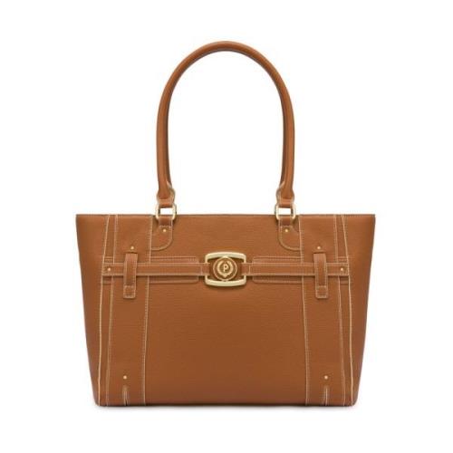 Bruin Leren Tote Tas met Metalen Logo Pollini , Brown , Dames