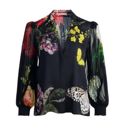 Satin Finish V-Neck Balloon Sleeve Shirt Alice + Olivia , Multicolor ,...