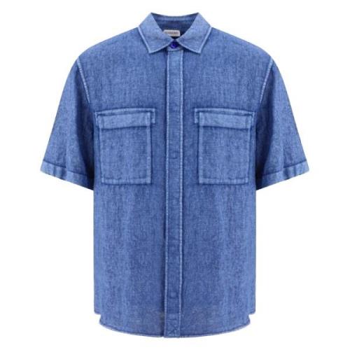 Blauw Linnen Shirt Korte Mouwen Burberry , Blue , Heren