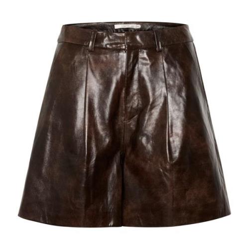 Hoge Taille Bruine Leren Shorts Gestuz , Brown , Dames