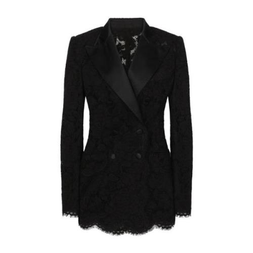 Zwart Bloemenkant Dubbelrijige Jas Dolce & Gabbana , Black , Dames