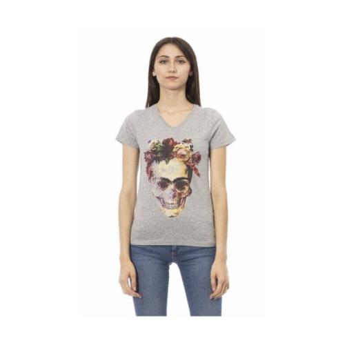 Grijze Katoenen V-hals T-shirt met Front Print Trussardi , Gray , Dame...