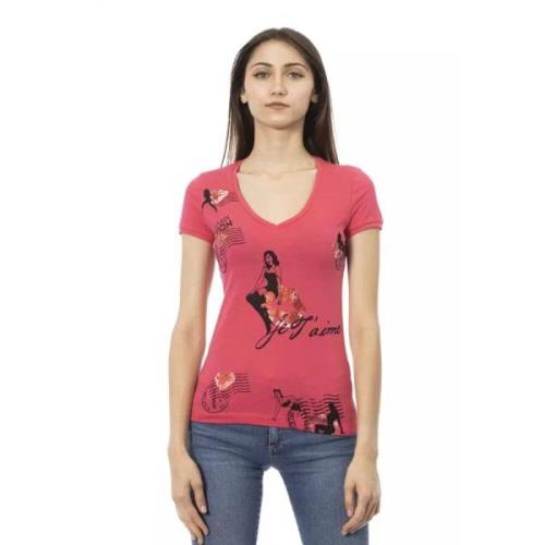 Chique V-hals T-shirt met Frontprint Trussardi , Pink , Dames