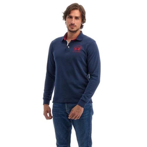 Blauw Langarm Polo Shirt met Rood Logo La Martina , Blue , Heren