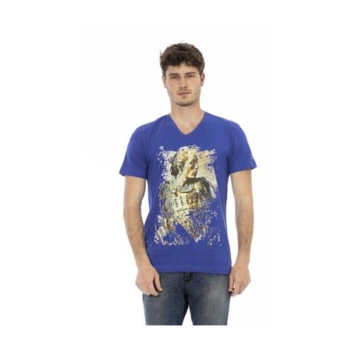 Elegant V-hals T-shirt met Frontprint Trussardi , Blue , Heren