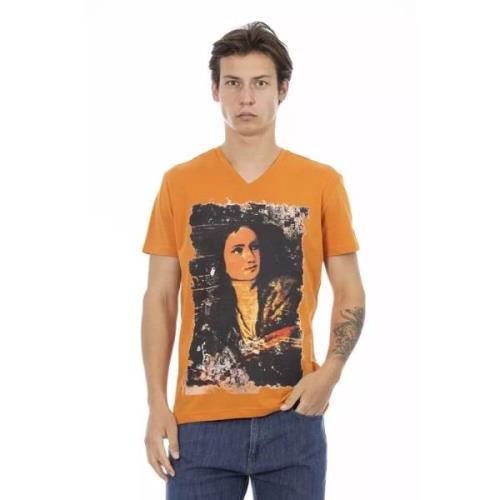 Oranje V-hals T-shirt met eenvoudige print Trussardi , Orange , Heren