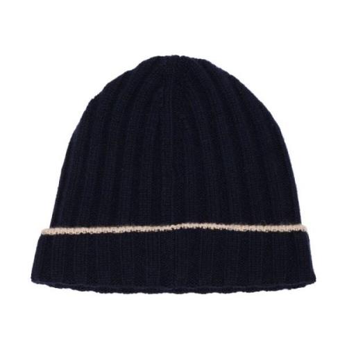 Navy Camel Beanie Hat Brunello Cucinelli , Blue , Heren