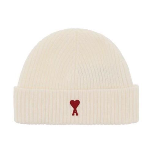 Geribbelde wollen beanie met logo patch Ami Paris , White , Heren