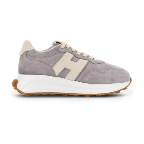 Grijze Sneakers van Kalfsleer met Beige Logo Hogan , Gray , Dames