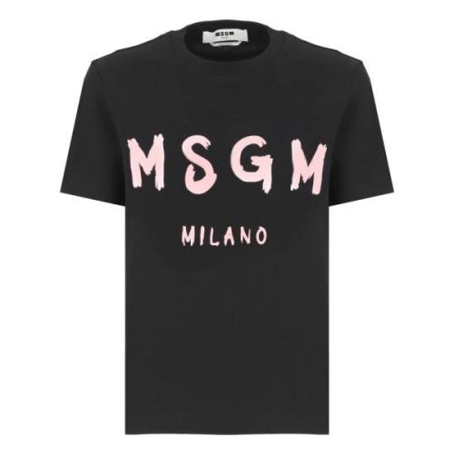 Zwarte Katoenen T-shirt met Logo Msgm , Black , Dames