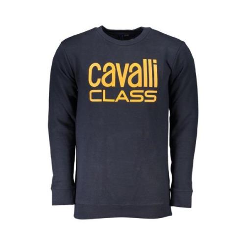 Blauwe Katoenen Sweater met Print Logo Cavalli Class , Blue , Heren