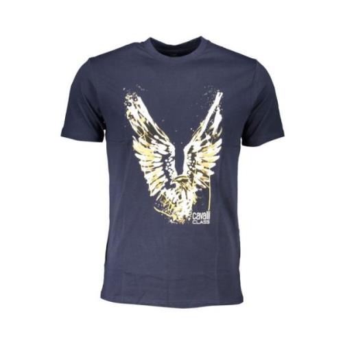 Blauw Katoenen T-shirt met Print Logo Cavalli Class , Blue , Heren